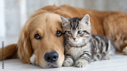 Wallpaper Mural A Feline and Canine Embrace: A charming moment captured as a sleek tabby kitten nestles close to a majestic golden retriever. Experience the innocence and pure bond of friendship Torontodigital.ca