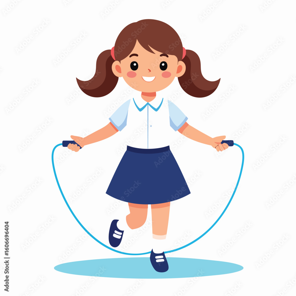 Happy schoolgirl joyfully skipping rope, energetic, playful, healthy activity. Happy schoolgirl joyfully skipping rope, energetic, playful, healthy activity.