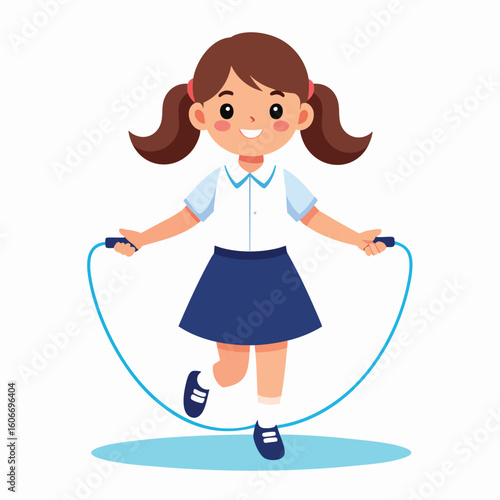 Happy schoolgirl joyfully skipping rope, energetic, playful, healthy activity.