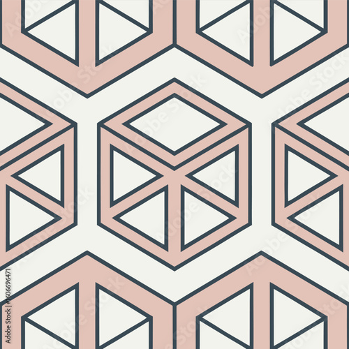 Elegancki, geometryczny wzór bezszwowy w stylu Art Deco. Abstrakcyjne sześciany i sześciokąty, idealne jako nowoczesne, pastelowe tło.