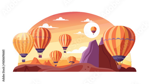 Hot air balloon adventure scenic landscape with colorful balloons flying over mountains and sunset background