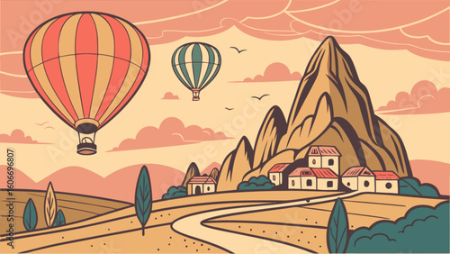 Hot air balloon ride over cappadocia landscape vector illustration travel and tourism adventure concept art