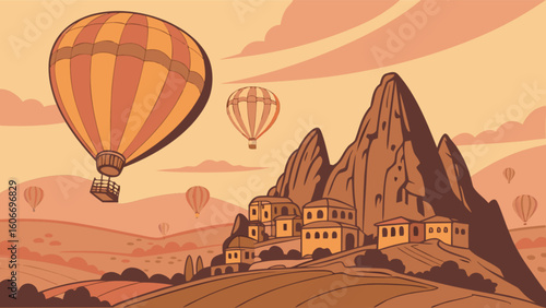 Cappadocia turkey hot air balloon ride over fairy chimneys and ancient town landscape travel destination