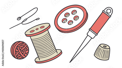 Sewing supplies illustration with needle thread spool button and thimble