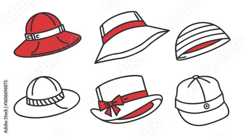 Collection of six stylized hats with red accents