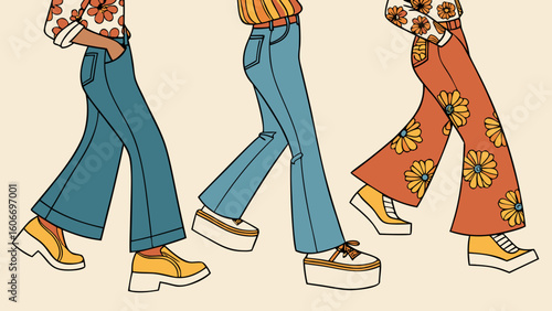 Retro fashion illustration of people walking in bell bottoms and platform shoes