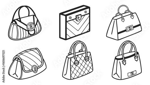 Collection of six stylized handbags and purses