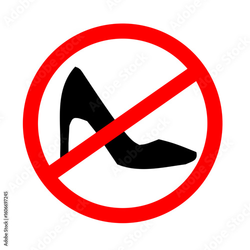 No Women sign. Women's shoe icon.No high heel.No allow sandal.No step here forbidden sign. No foot slipper.Sign, symbol, icon or logo isolated.Flat design.Graphic.Vector illustration.