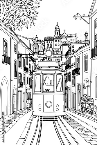 Lisbon, Portugal black and white coloring page for adults. European city, cityscape, buildings, street, landmarks, tram vector outline doodle sketch for anti stress color book