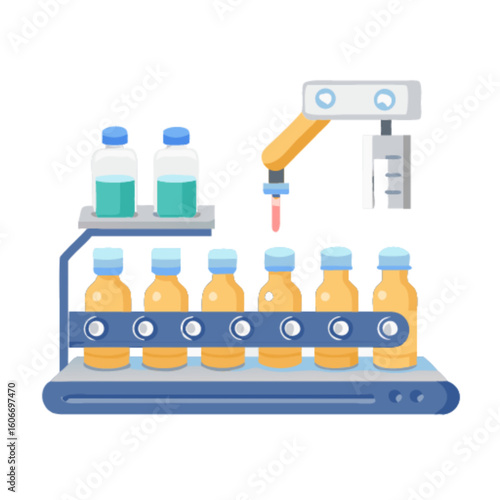 Automated production line with robotic arm filling bottles in a manufacturing process factory automation