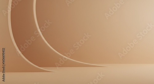 Minimalist 3D render of an abstract scene with layered, curving walls in a warm beige color. This elegant, modern backdrop is perfect for cosmetic, beauty, or luxury product displays.