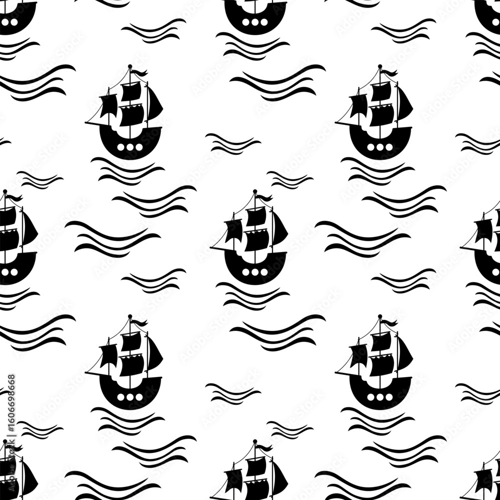 Obraz premium Black and white pirate ship seamless pattern. Ocean hand drawn vector background in silhouette style