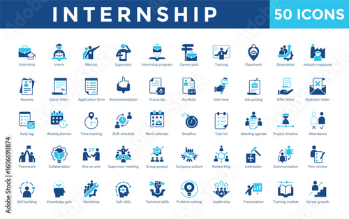 Internship icons set with internship, intern, mentor, supervisor, internship program, career path, training, placement, orientation, industry exposure icon. Simple flat vector 
