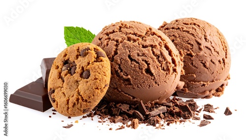 Chocolate ice cream scoops with cookie and chocolate