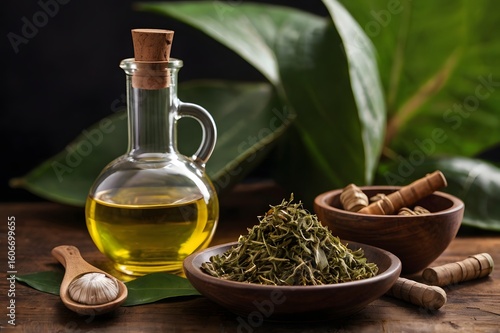 Concept pic of ayurveda items, leaves and oil.