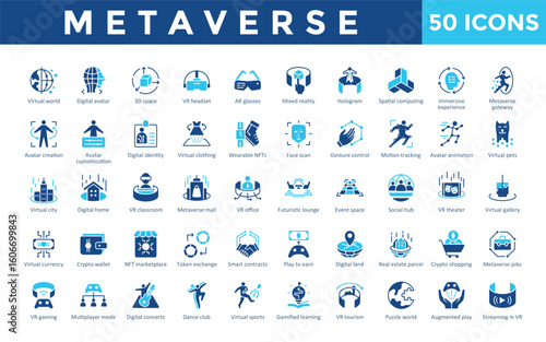Metaverse icons set with virtual world, digital avatar, 3d space, vr headset, ar glasses, mixed reality, hologram, spatial computing, immersive experience icon. Simple flat vector 
