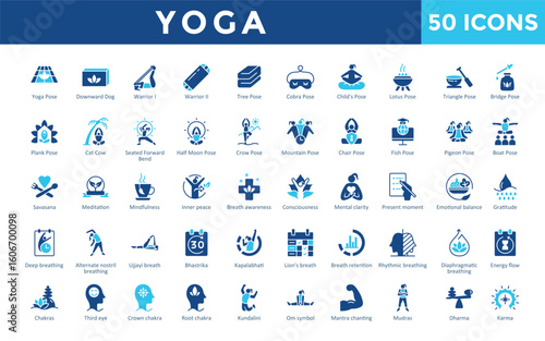 Yoga icons set with yoga mat, yoga block, yoga strap, bolster, blanket, eye pillow, meditation cushion, incense, singing bowl, essential oils icon. Simple flat vector 
