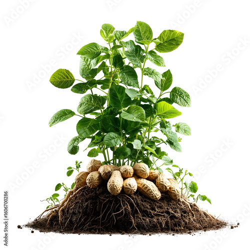 photograph of a peanut plant with its roots and pods emerging from the soil isolated on a clean white background