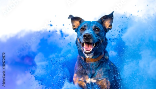 Playful dog covered in blue powder