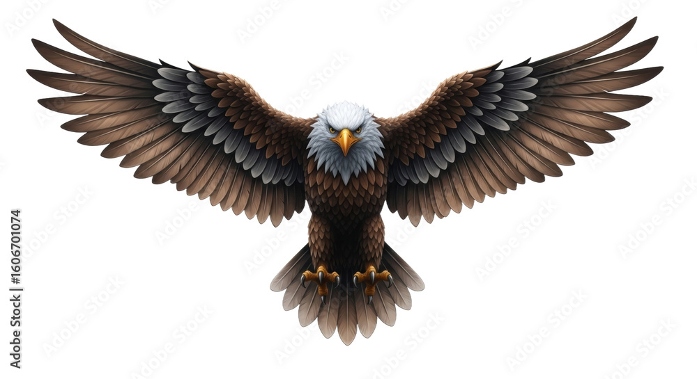 Obraz premium Majestic bald eagle with outstretched wings, showcasing impressive plumage and fierce gaze.