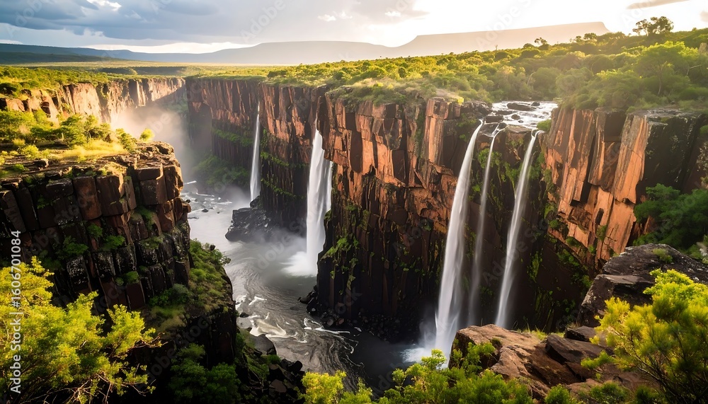 Fototapeta premium Majestic Waterfalls Flowing Into Rocky Canyon Landscape