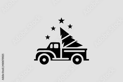 A vintage pickup truck is carrying a christmas tree home under a sky full of stars