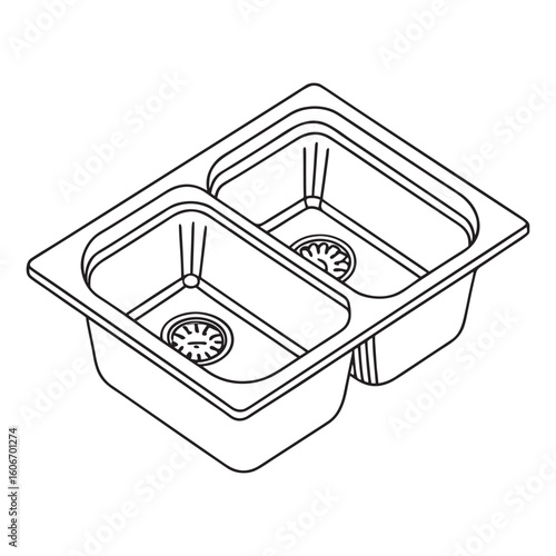 Monochrome Illustration of a Double Basin Kitchen Sink with Modern Faucet Perfect for Minimalist Design Projects