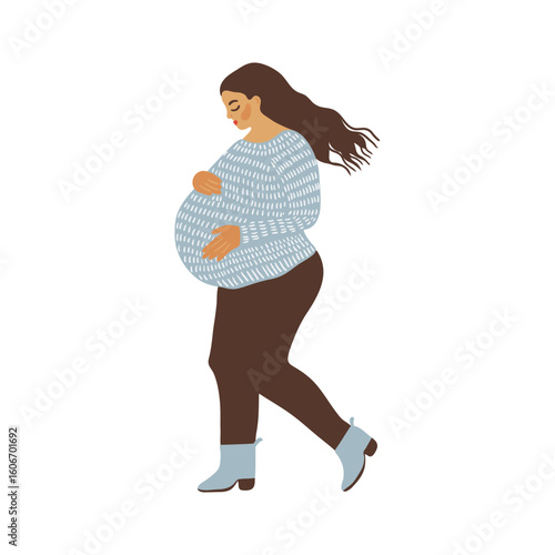 Graphic art depicts a pregnant woman walking gently, representing maternity, prenatal care, and family planning concepts.