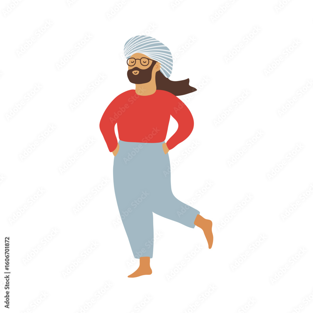 A stylized flat design graphic showcases a man wearing a turban and glasses, suitable for cultural themes or modern graphic projects. A stylized flat design graphic showcases a man wearing a turban and glasses, suitable for cultural themes or modern graphic projects.