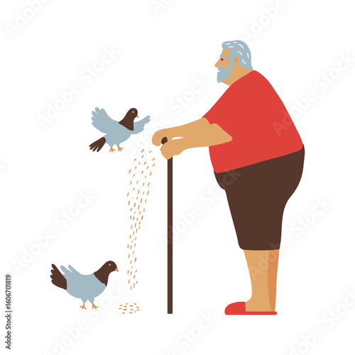 A charming graphic depicts an elderly man feeding pigeons, creating a whimsical design suitable for various creative projects and thematic artworks.