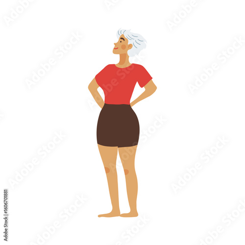Stylish senior woman stands confidently with hands on hips, perfect for diverse character design and casual lifestyle concepts.