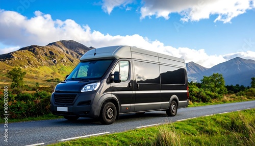 Black van on scenic road
