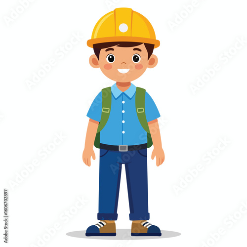 A young boy wearing a construction hat and backpack, smiling.