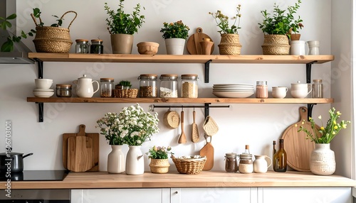 Wooden shelves filled with kitchen items and plants