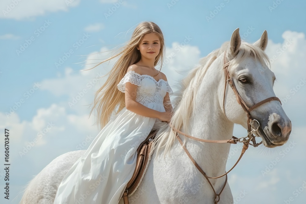 Obraz premium Beautiful girl on a white horse. Beautiful blonde in a white dress on a white horse