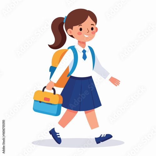 Cartoon illustration of a schoolgirl walking to school with backpack and satchel.