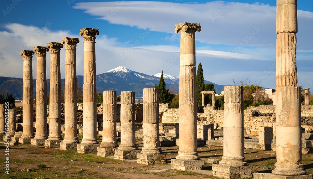 Fototapeta premium Ancient columns in a sunlit archaeological site, mountains in the background