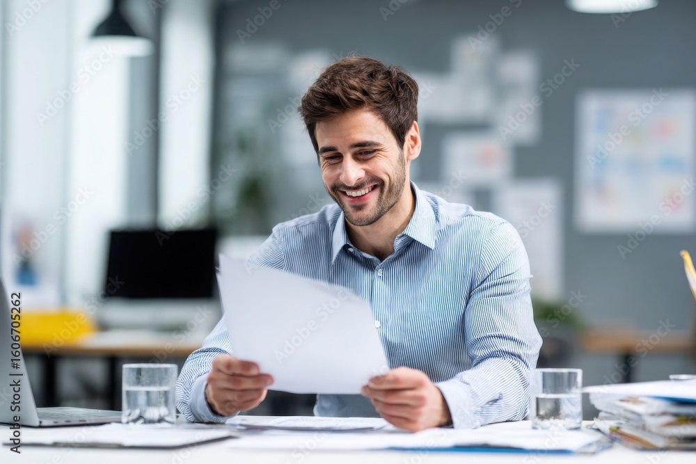 Fototapeta premium Young professional smiling while reviewing paperwork in a modern office setting, conveying satisfaction, focus, and productive business work.