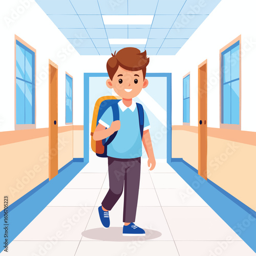 Smiling schoolboy walks down school corridor, backpack on, heading to class.