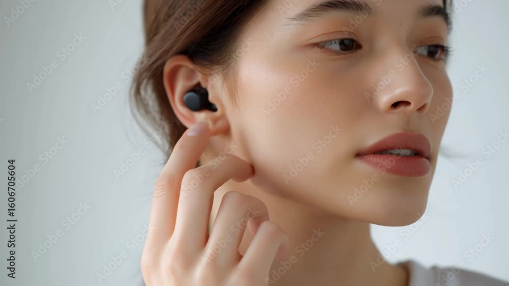 Wireless earbud close up showing woman adjusting for voice communication and commerce technology with modern audio features and natural skin tones Wireless earbud close up showing woman adjusting for voice communication and commerce technology with modern audio features and natural skin tones