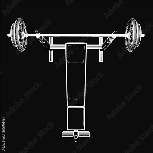 A black and white contour drawing of a bench press with a barbell and weight plate on a dark background. The metal frame and detailed barbell highlight strength training equipment.
