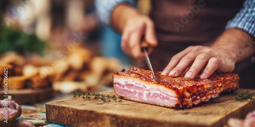 Close-up of a person slicing smoked bacon on a wooden cutting board at a rustic market stall, with fresh herbs and bread in the background.