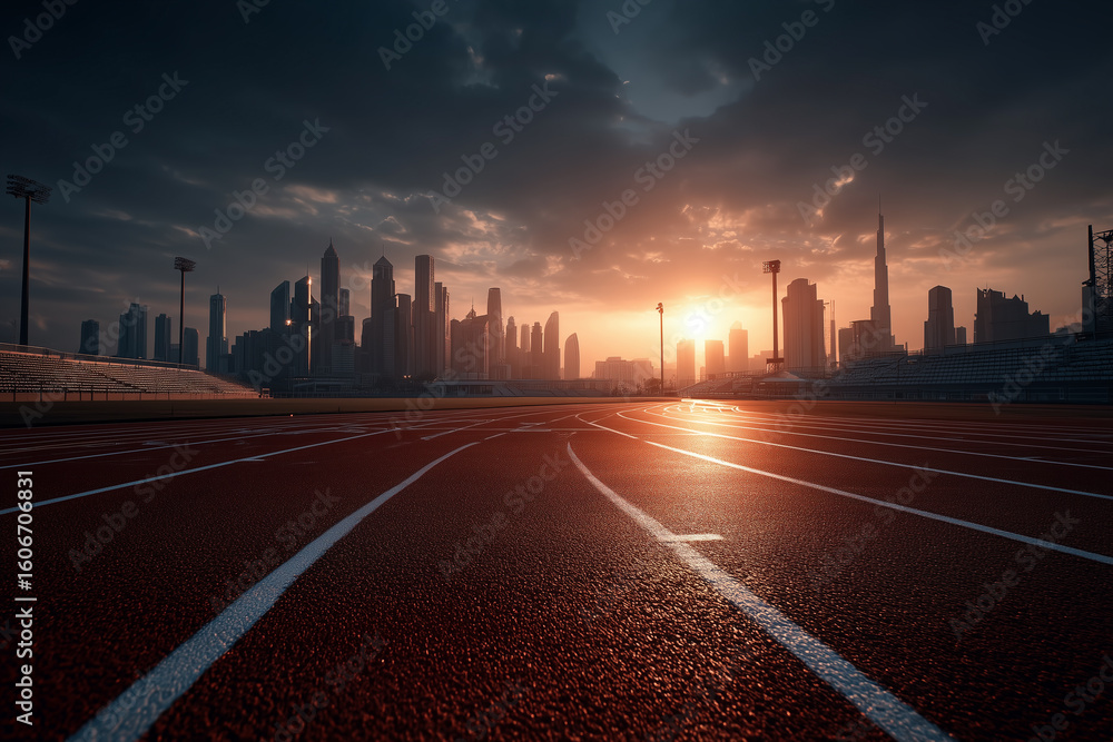 Obraz premium Running track at sunrise with dubai skyline illuminating modern architecture