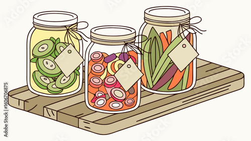 Homemade pickled vegetables in mason jars on wooden shelf food preservation kitchen decor still life art