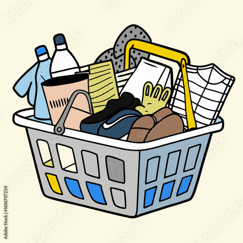 Shopping basket filled with various household items and clothing