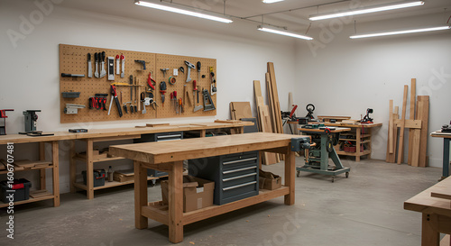 Well-equipped woodworking shop with various tools, lumber, and workbenches ready for crafting projects.