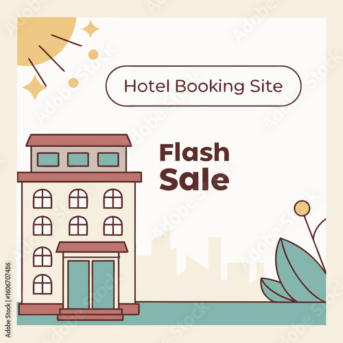 Hotel booking site flash sale promotion with building illustration