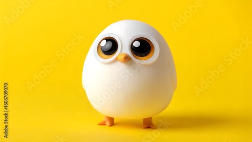 Cute egg character with big eyes standing on yellow background