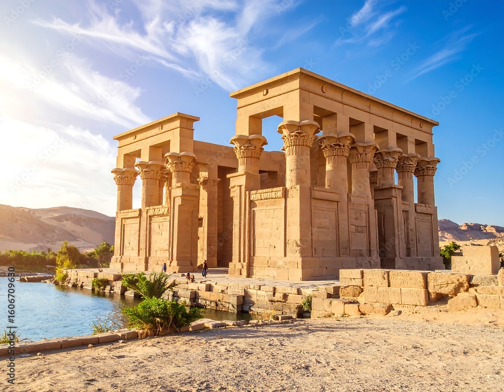 Fototapeta premium Ancient Egyptian temple by a serene lake