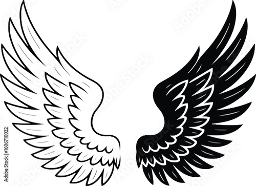 Black and white stylized wings; bold graphic design; duality concept; freedom, power, and contrast imagery.